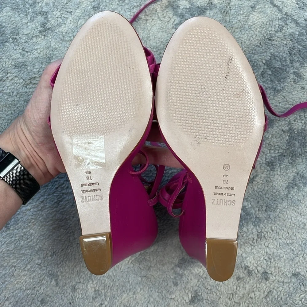 New Schutz Deonne Casual Nappa Leather Sandal Fuchsia Pink Wedge Wrap Sz 7